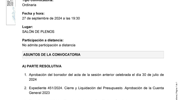 Convocatoria a Pleno sesión ordinaria, viernes 27 de septiembre a las 19:30h