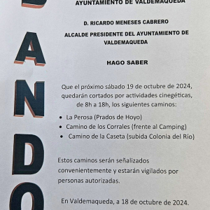 Bando: Restricciones temporales de acceso con motivo de la celebración de Batida/Montería en el Mp-185
