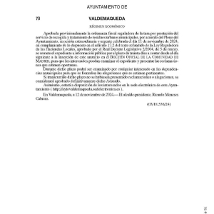 Exposición pública aprobación provisional de la ordenanza fiscal reguladora de la tasa por prestación del servicio de recogida y tratamiento de residuos urbanos municipales