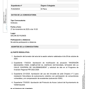 Convocatoria a Pleno sesión ordinaria, jueves 27 de noviembre a las 19:30 horas