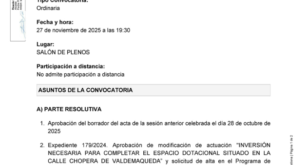 Convocatoria a Pleno sesión ordinaria, jueves 27 de noviembre a las 19:30 horas