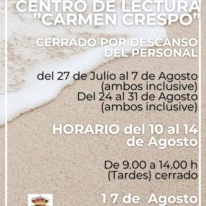 Aviso del Centro de lectura Carmen Crespo. Horario julio y agosto 2026