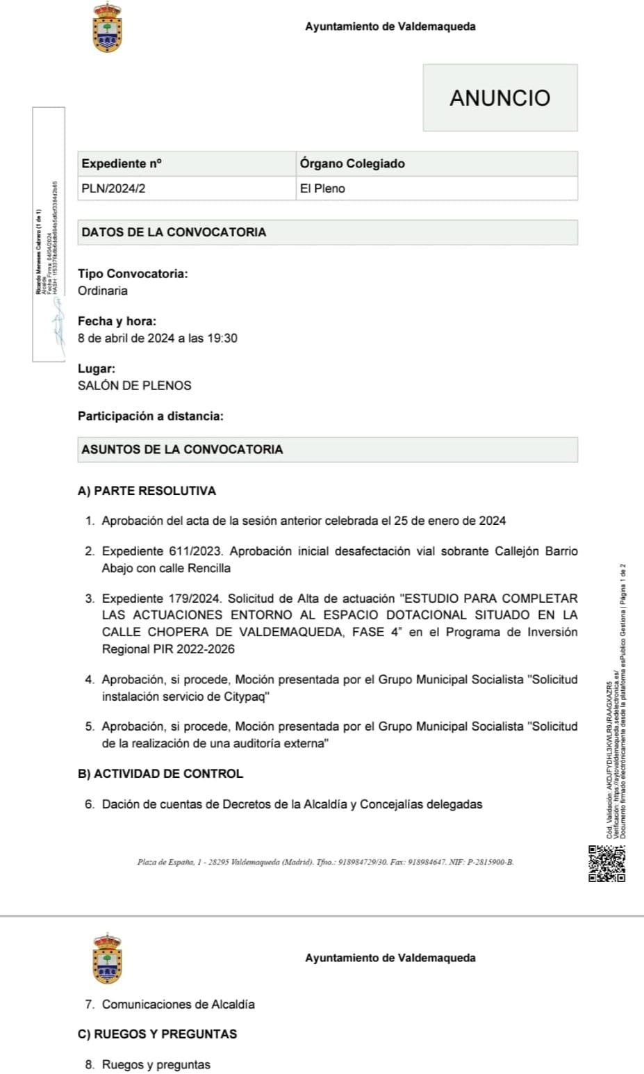 Convocatoria pleno 20240408