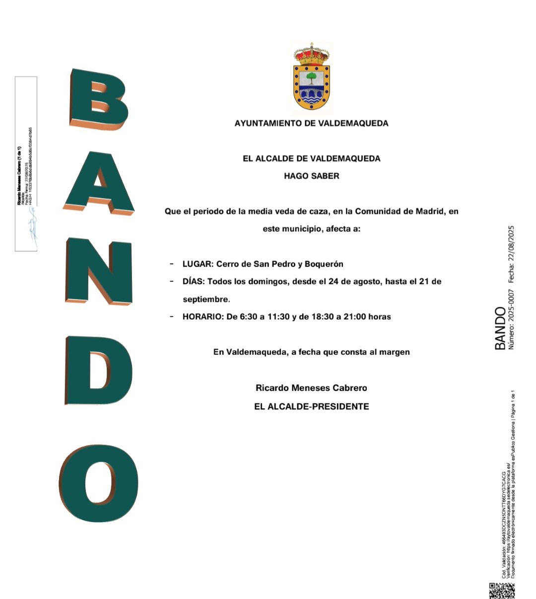 Aviso media veda de caza sep 2025 Valdemaqueda