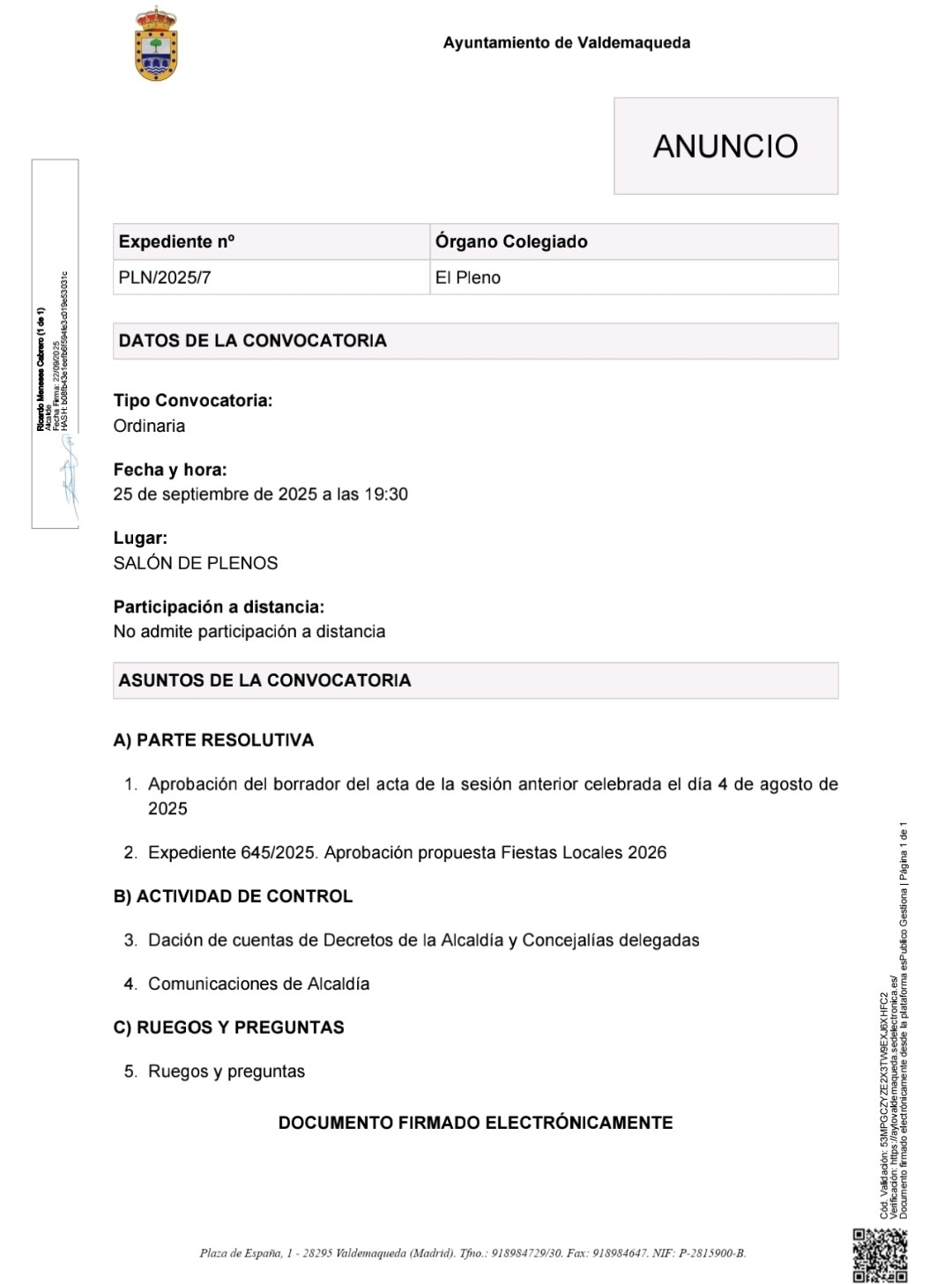 Convocatoria a pleno 20250925