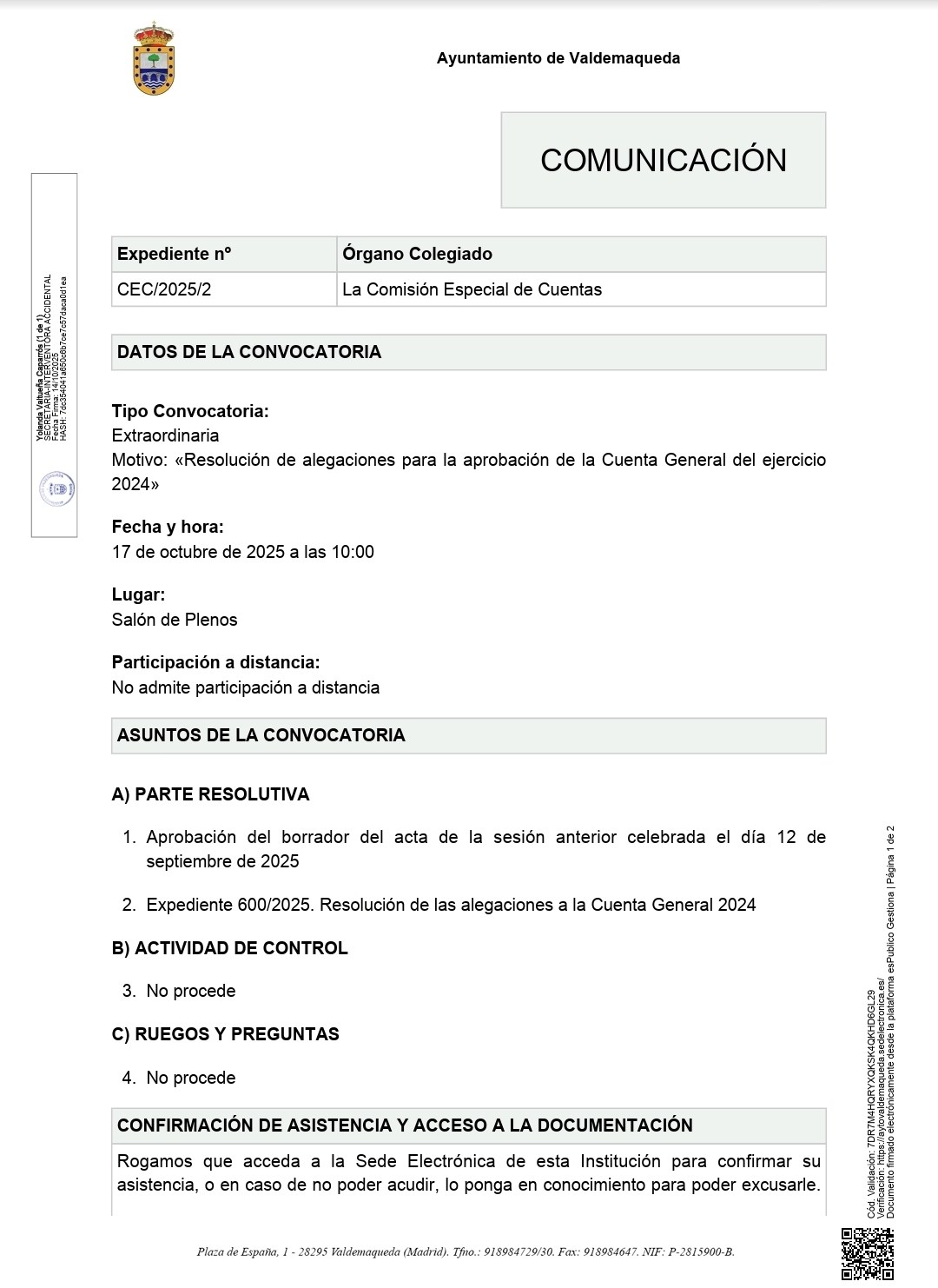 Convocatoria extraordinaria pleno 17 oct 25