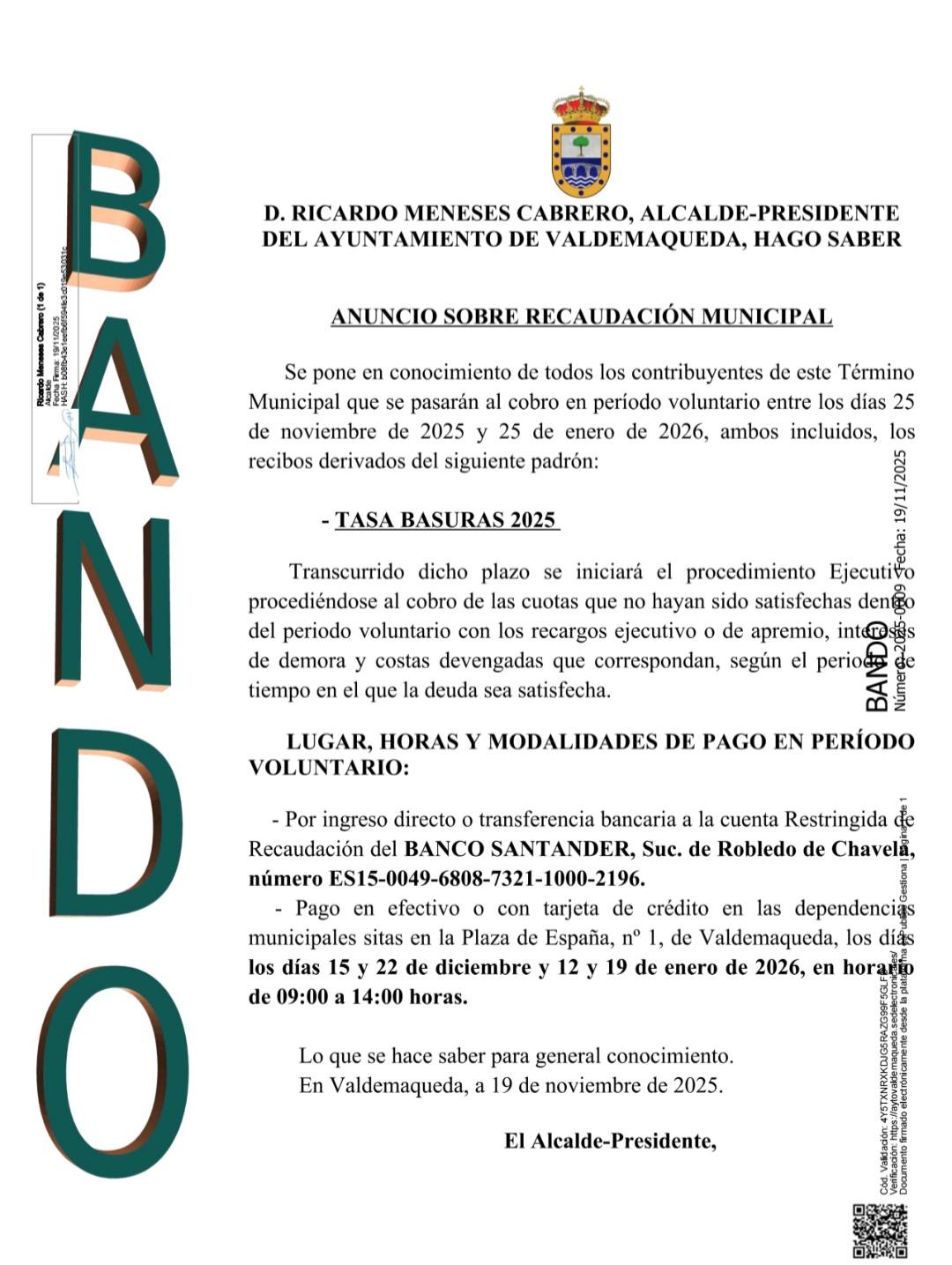 Bando tasa basuras 2025 Valdemaqueda