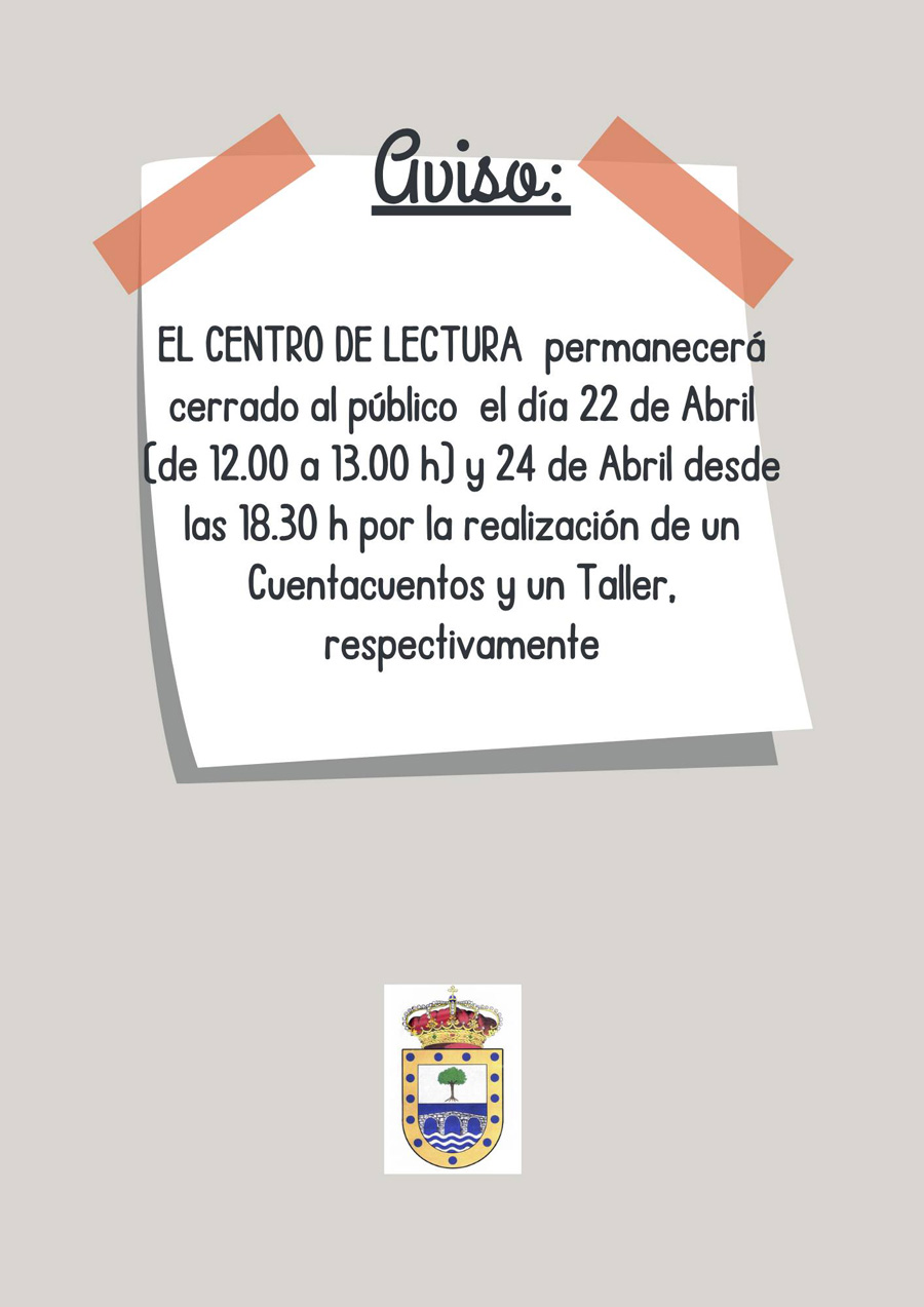 Aviso Centro de lectura 22 y 24 abril 2026