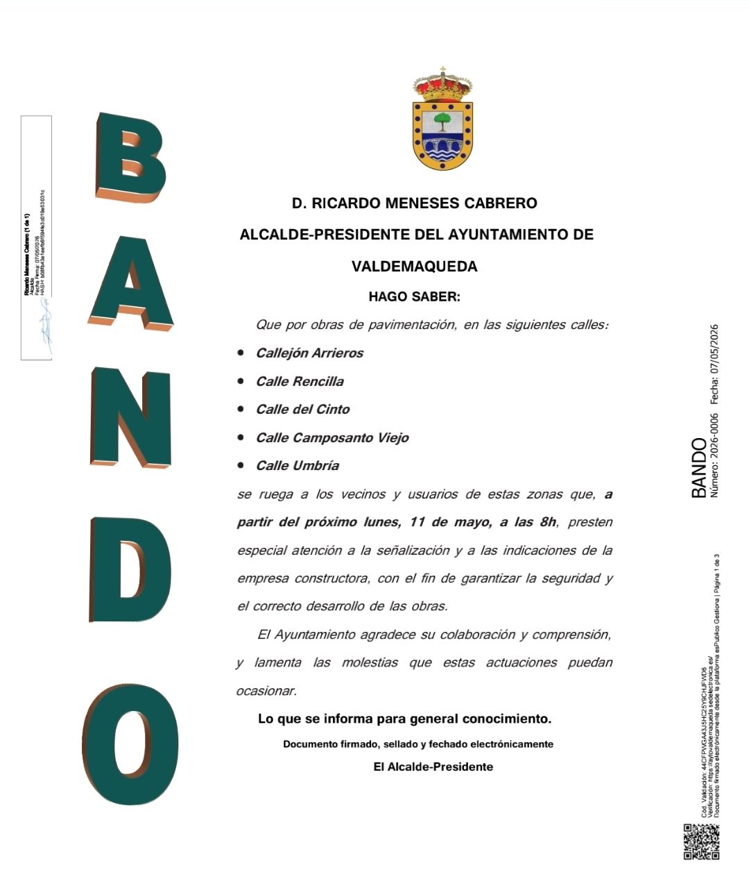 Bando obras mayo 2026