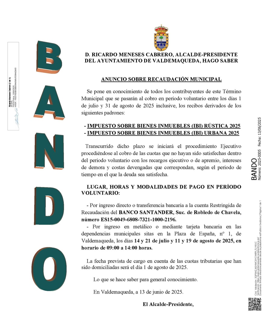 BANDO RECAUDACION IBI RUSTICA Y URBANA 2025